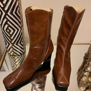 Paul Green Brown Leather Square Toe Mid Calf Heeled Boots